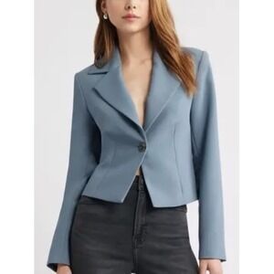 Open Edit Blue Cropped Blazer Jacket One Button Tailored Career Chic Sz S EUC